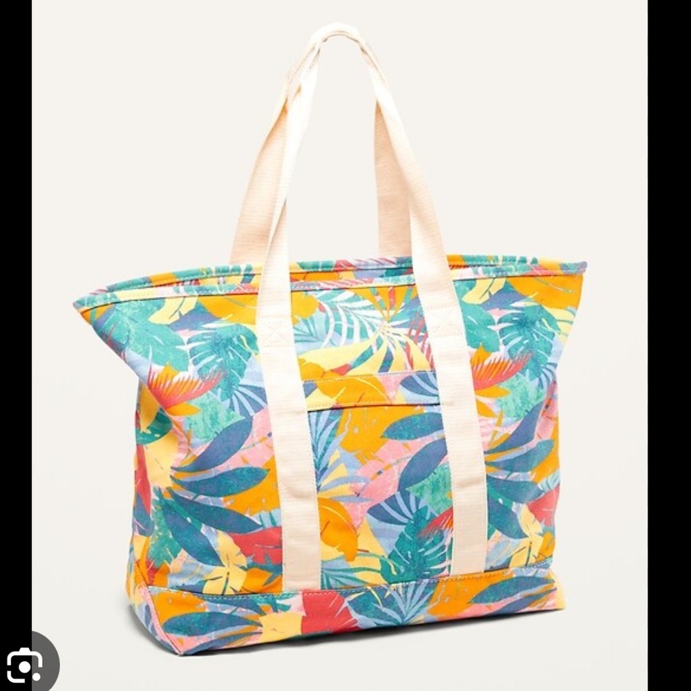 Old Navy Tropical Multicolor Canvas Tote Bag Zip Top Beach Everyday Carryall